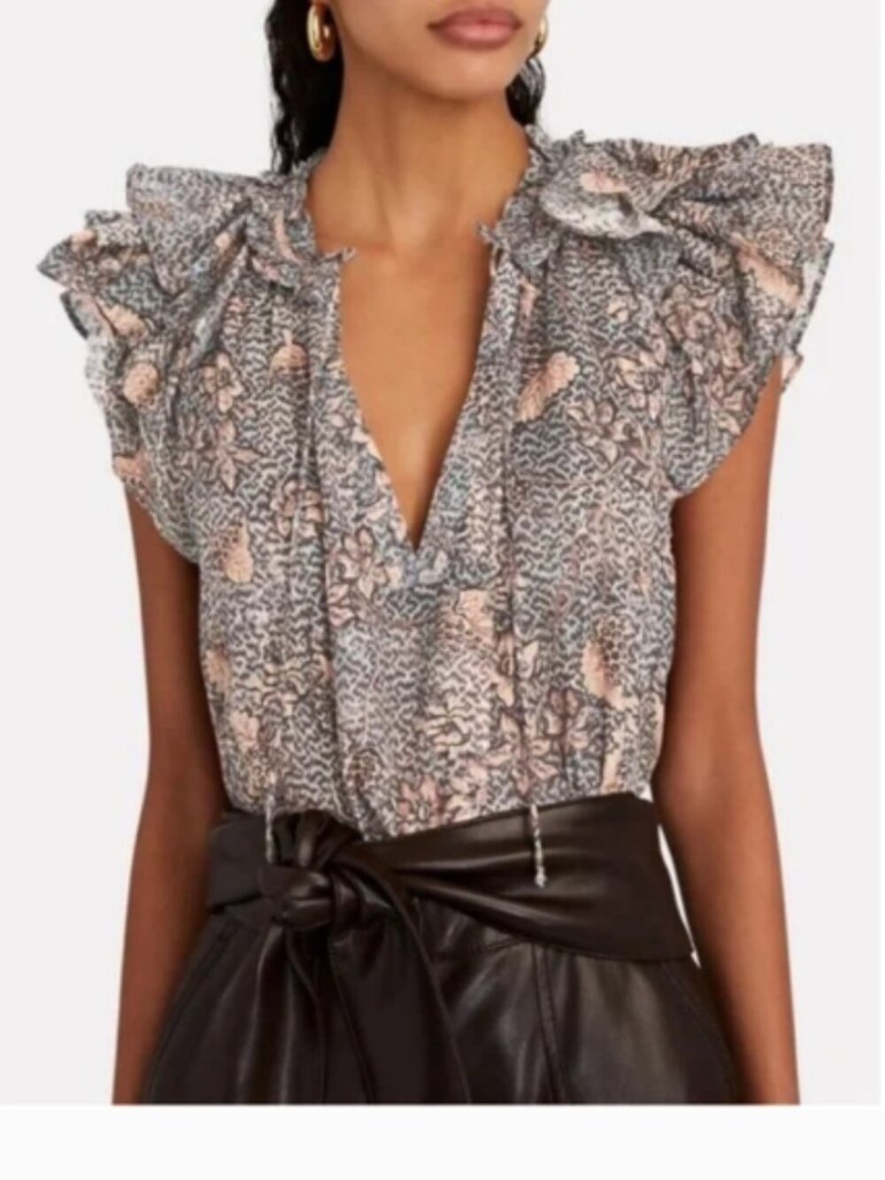 Ulla Johnson Alva Ruffled Printed Cotton Blend Top in Aegean